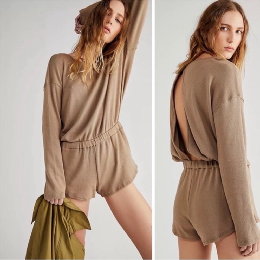 Free People Beach Captain Romper Open-Back Knit Long Sleeve Brown Medium M